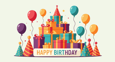 Naklejka premium Colorful Stacked Birthday Gifts with Balloons and Party Hats