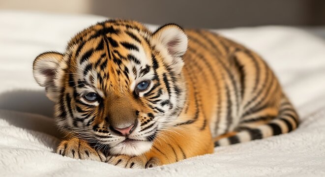 Adorable Tiger Cub Resting on White Blanket.