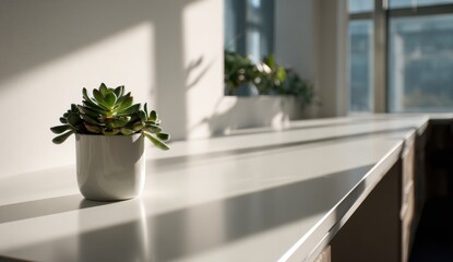 Sunlight on a modern office surface with succulents