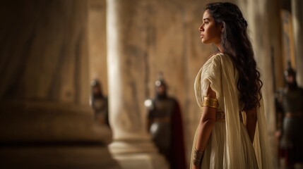 Esther enters the king&rsquo;s golden hall uninvited, her flowing robe trailing, face pale yet determined; courtiers gasp as she risks her life to plead for her people.