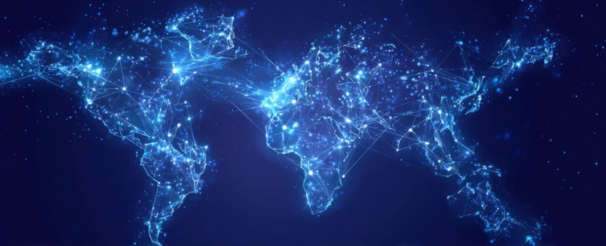 Global network map, abstract world map, glowing lines