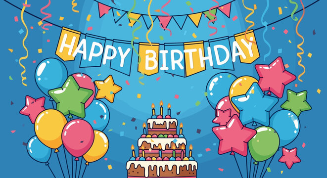 Festive cartoon birthday celebration with a three-tiered cake, colorful balloons, and a Happy Birthday banner.
