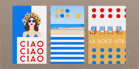 Triptych of italian summer vacation vibes with beach scenes and retro graphics © Ruhidas