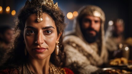 Esther sits gracefully beside King Xerxes at the royal banquet, adorned in shimmering robes and jewels, her expression poised yet thoughtful amid golden light and lavish surroundings.