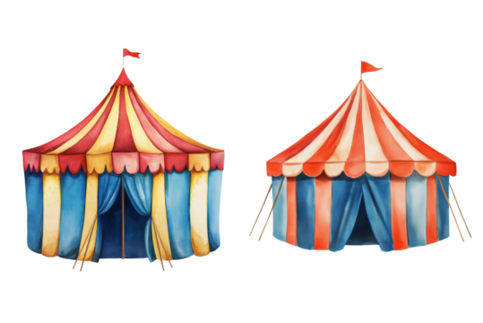 Circus Tent in Watercolor Style Isolated on White Background. Colorful Watercolor Circus Tent Cutout PNG.