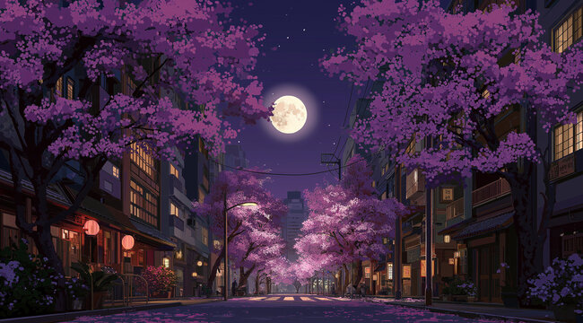 a full moon night in an old japanese street, with pink trees and purple clouds, in the style of anime
