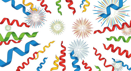 Festive illustration of colorful curling serpentine streamers and vibrant firework bursts.