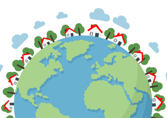 Houses and trees circling on planet earth, Northern Hemisphere, illustrating global community, sustainability, and worldwide real estate or environmental concept for design.