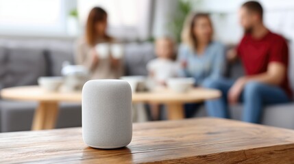 Smart speaker on wooden table at home with family in background – voice assistant and smart home technology