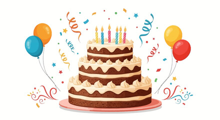 Illustrated three-tier chocolate birthday cake with cream frosting, lit candles, colorful balloons, and festive confetti.