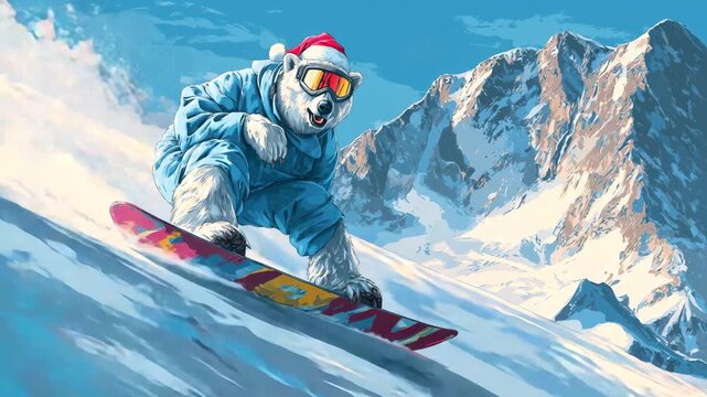 Polar bear snowboarder wearing Santa Claus hat and ski mask. Bear on snowboard on snowy mountain slope, drawn cartoon style. Concept of active recreation on Christmas vacation, winter sports