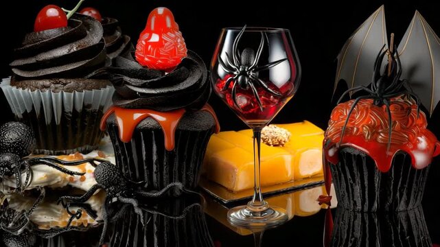 Halloween treats: spider and ghost cupcakes and a glass of red drink. Atmospheric and creepy.