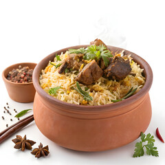 Aromatic mutton biryani served in a traditional handi, featuring spiced basmati rice layered with tender mutton pieces,