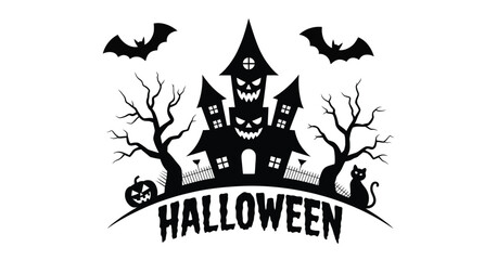  Spooky Halloween Illustration with Haunted House, Twisted Trees, Flying Bats, Sinister Pumpkin, Black Cat, and Bold Typography