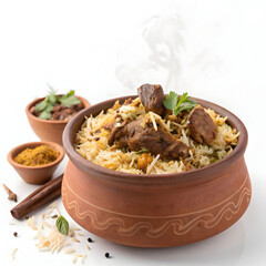 Aromatic mutton biryani served in a traditional handi, featuring spiced basmati rice layered with tender mutton pieces,