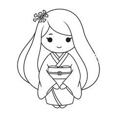 Outline drawing of a cute cartoon geisha wearing a kimono with a flower in her hair and long hair