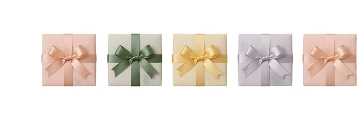 Colorful gift boxes: A vibrant collection of exquisitely wrapped gift boxes adorned with elegant ribbons, perfect for celebrating special moments with style.