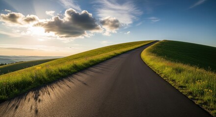 Fototapeta premium A road winds up a grassy hill under a bright sky with scattered clouds and sunlight.