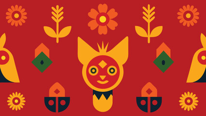 Folk Art Inspired Seamless Pattern with Stylized Animals and Flowers on Red Background vector illustration