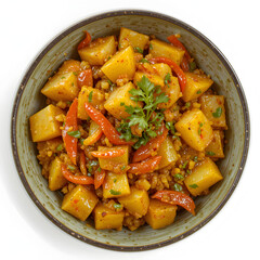 Simple and tasty potato and capsicum stir-fry served in a bowl, featuring sauted vegetables with mild Indian spices,
