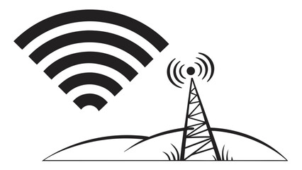 Illustration of a black and white communication tower with wifi signal and grassy hills landscape