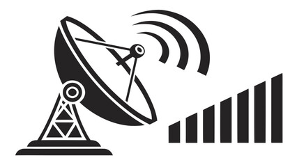 Illustration of a satellite dish with signal waves and a signal strength indicator showing strong reception
