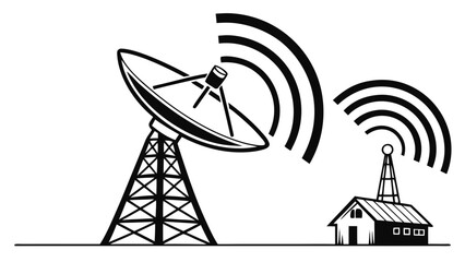 Illustration of a satellite dish on a tower and a smaller antenna on a building emitting signals