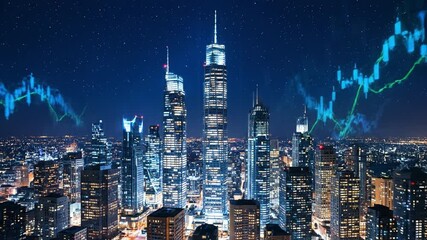 Modern skyscraper cityscape night illuminated financial district futuristic digital urban skyline architecture with vibrant city lights, digital overlay, business handshake partnership agreement - Powered by Adobe