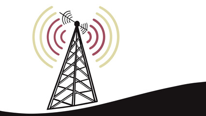 Illustration of a black outline transmission tower with radio waves on a white background landscape