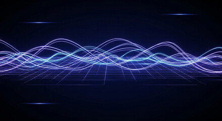 Photo of wavy lines of light in blue and purple create a mesmerizing pattern over a grid