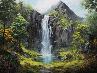 Obraz premium Experience the tranquility of a stunning waterfall cascading down rocky cliffs into a vibrant, peaceful forest oasis, perfect for nature lovers