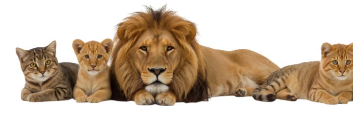 Family of Lions and Cats: A striking portrait of a lion, alongside a kitten, lion cub, tiger and cat, symbolizing a connection between the wild and domestic. Each cat gazes directly at the viewer.