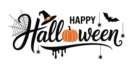  Whimsical Halloween Greeting with Stylized Text, Pumpkin “O”, Witch Hat, Spider Webs, Bat, and Dripping Effect on White Background