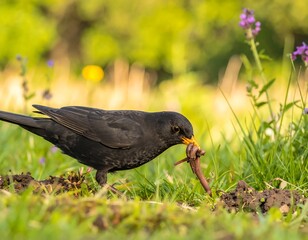 Obraz premium Blackbird eating earthworm in garden