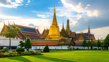 Naklejka premium Golden spires & lush gardens at sunset