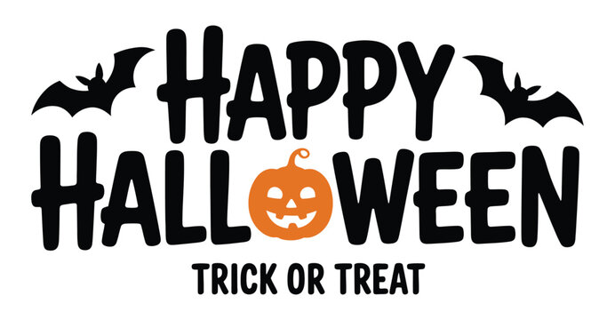  Playful Halloween Greeting with Jack-o'-Lantern Typography, Bat Silhouettes, and Trick or Treat Message on White Background
