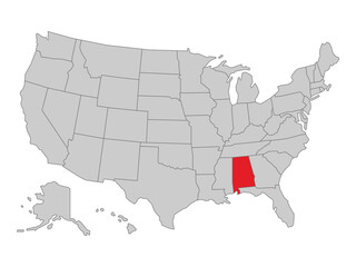 United States political map with Alabama state highlighted, vector illustration of US map with states