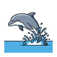 Obraz premium Cartoon gray dolphin leaping from bright blue water with splashes jumping