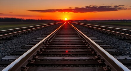 Fototapeta premium Sunset over converging railway tracks extending to a vibrant horizon.