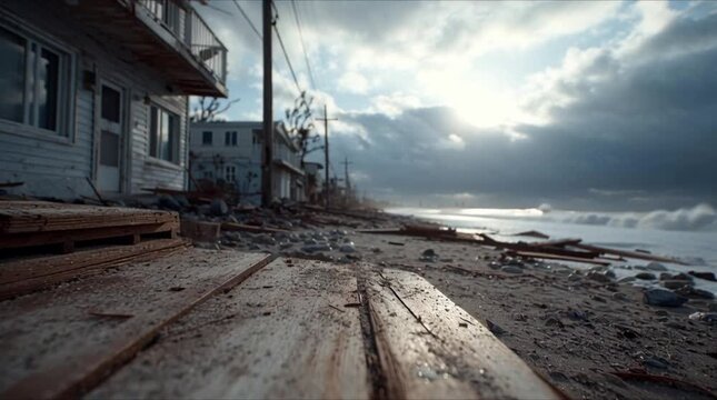 Storm damage scattered across a beach community with sea defenses in disarray