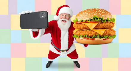 Santa claus holding a giant double cheeseburger and a tablet computer on a colorful pastel background
