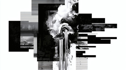 Abstract monochrome art with flowing water and glitch effects for modern design projects
