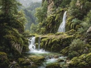 Discover the serenity of a stunning waterfall cascading through a vibrant mossy forest landscape ideal for nature and travel content