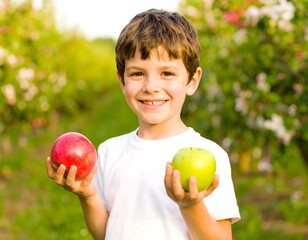 Smiling boy with apples in orchard