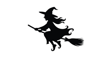 Silhouette of a witch flying on a broomstick with pointed hat and flowing cloak, symbolizing Halloween, folklore, and magical fantasy