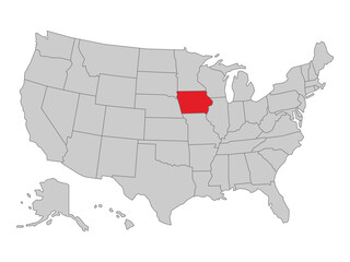 United States political map with Iowa state highlighted, vector illustration of US map with states