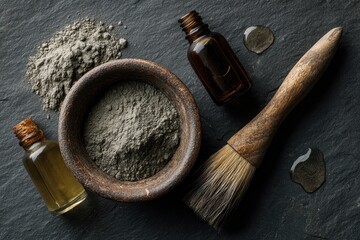 Natural Clay Mask Preparation with Oils and Brush.