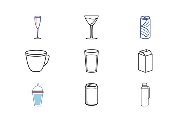 Nine simple line art icons various drink containers glasses beverage