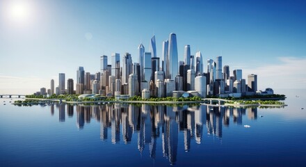 A modern city skyline reflected in tranquil water under a bright, sunny sky.