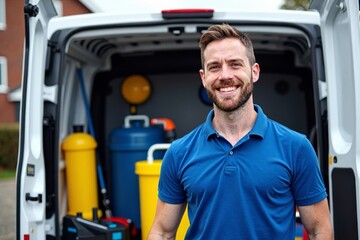 Professional Cleaner Smiling in Front of Van with Cleaning Equipment